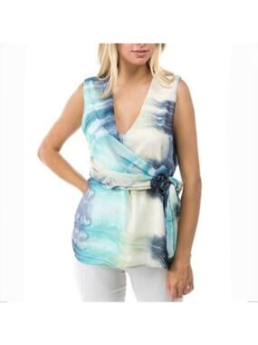 Ariella Women Blue Sleeveless Watercolor Wrap Top Blouse L Artsy Caree USA NEW